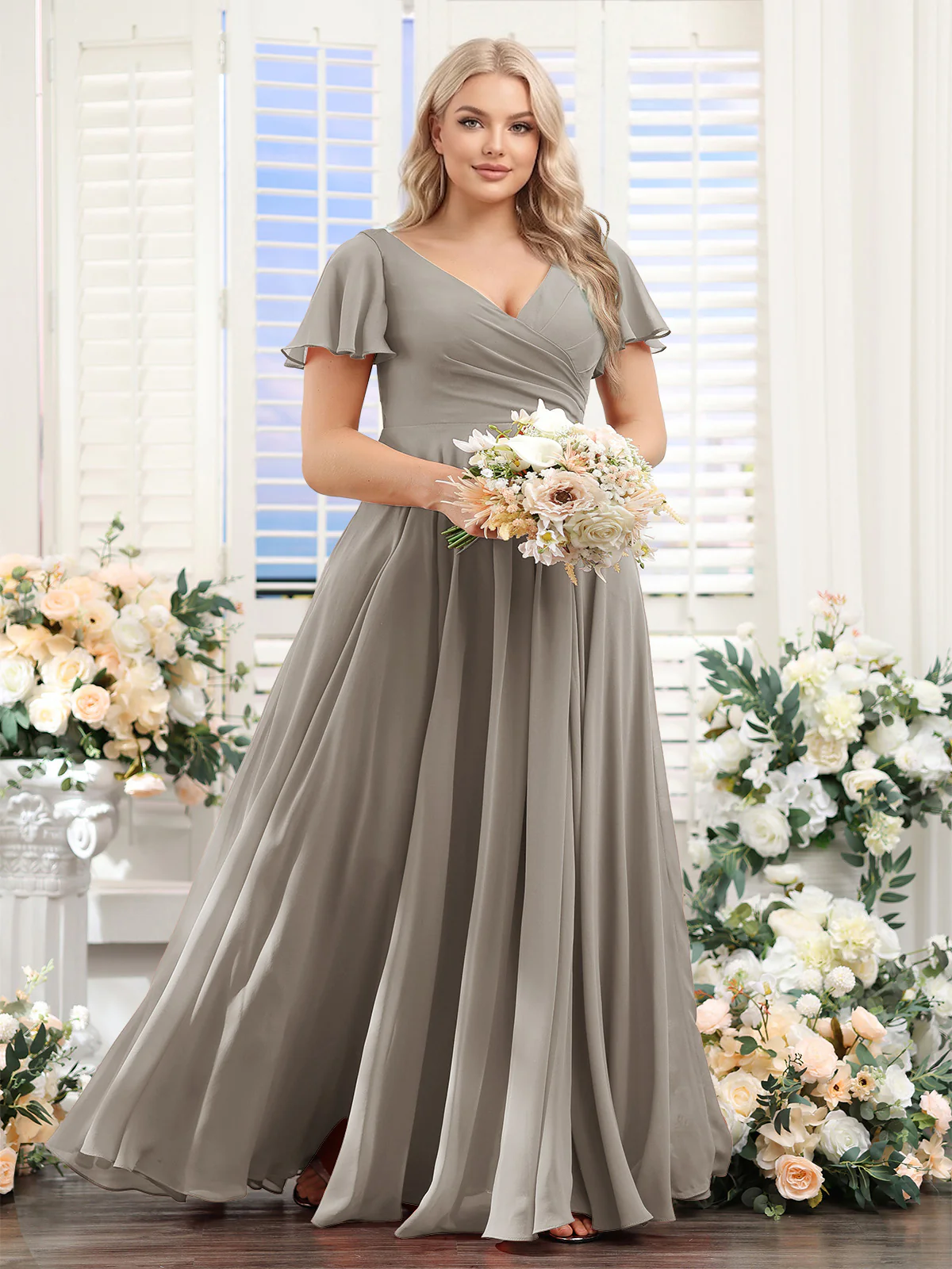 A-Line V-Neck Short Sleeves Split Side Ruched Chiffon Plus Size Bridesmaid Dresses - Image 66