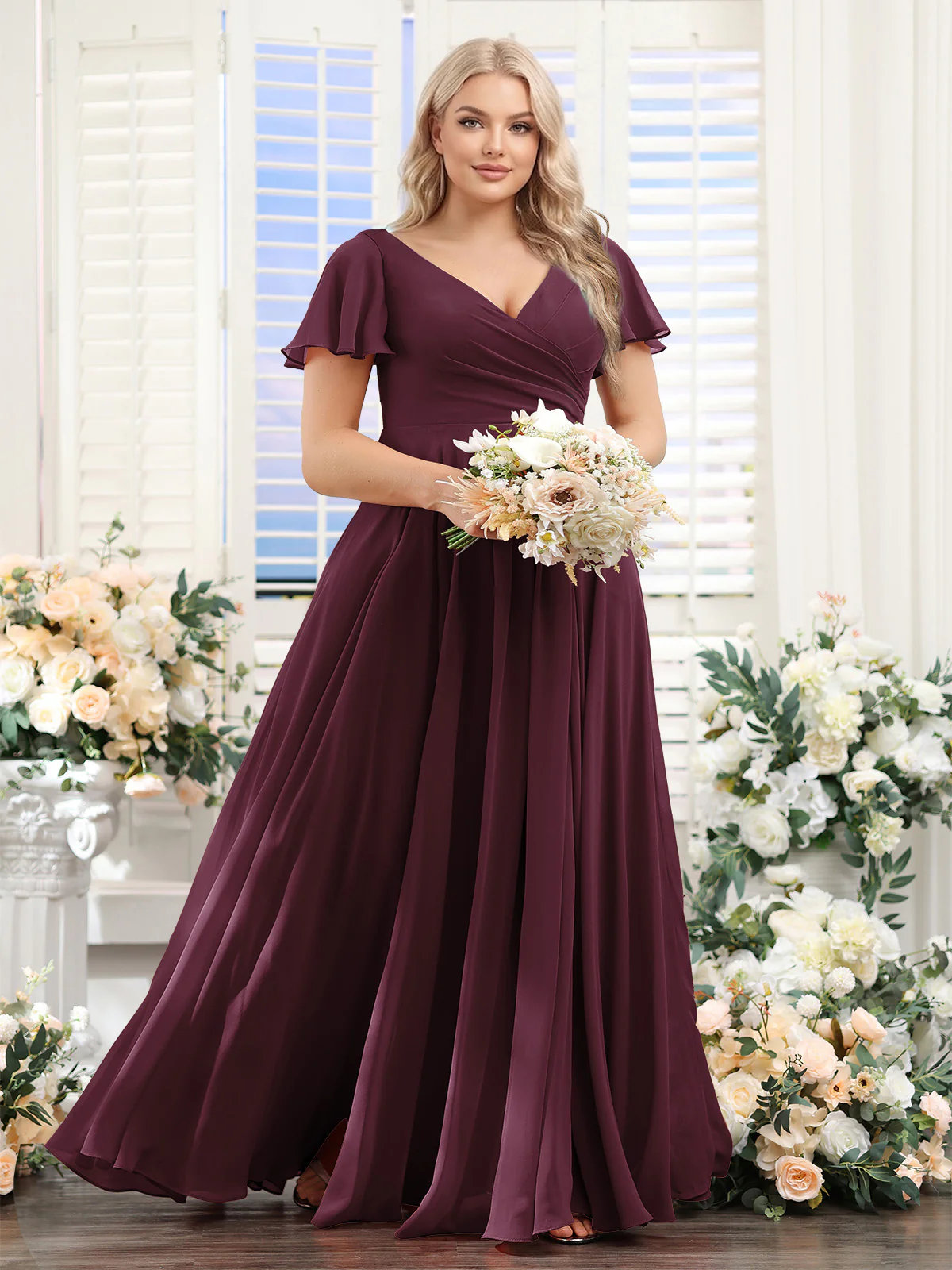 A-Line V-Neck Short Sleeves Split Side Ruched Chiffon Plus Size Bridesmaid Dresses - Image 7