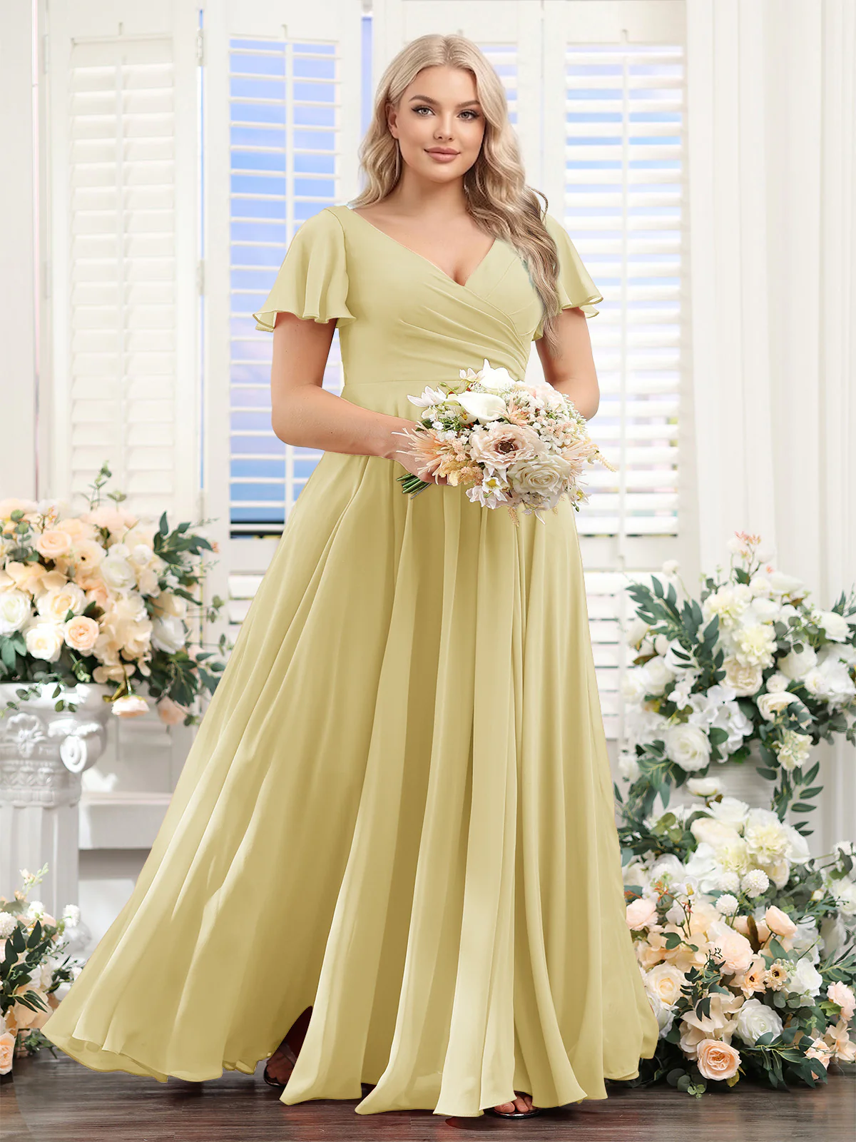 A-Line V-Neck Short Sleeves Split Side Ruched Chiffon Plus Size Bridesmaid Dresses - Image 72