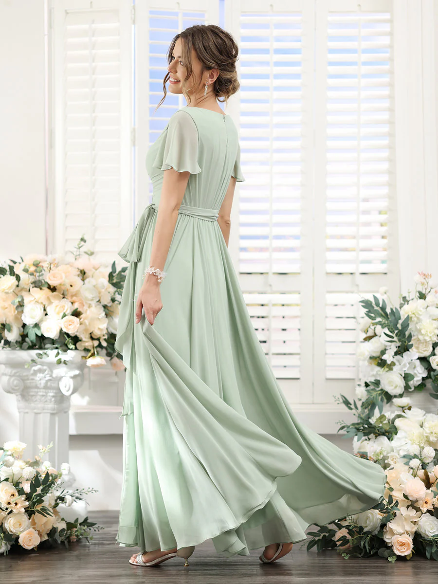 A-Line V-Neck Short Sleeves Split Side Ruched Floor-Length Chiffon Bridesmaid Dresses - Image 2