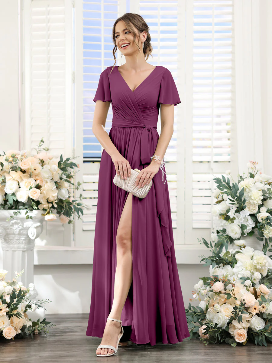 A-Line V-Neck Short Sleeves Split Side Ruched Floor-Length Chiffon Bridesmaid Dresses - Image 43