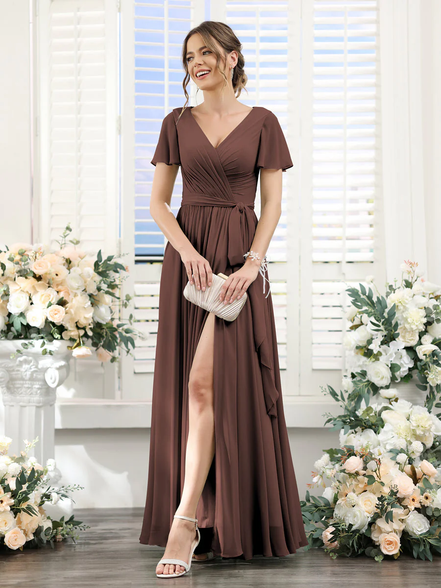 A-Line V-Neck Short Sleeves Split Side Ruched Floor-Length Chiffon Bridesmaid Dresses - Image 74