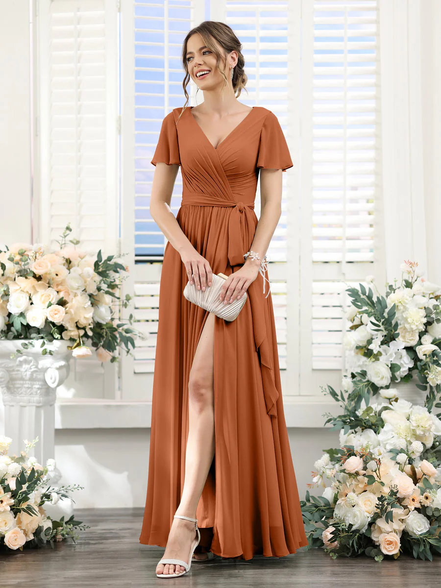 A-Line V-Neck Short Sleeves Split Side Ruched Floor-Length Chiffon Bridesmaid Dresses - Image 9