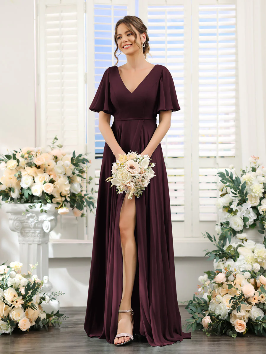 A-Line V-Neck Short Sleeves Split Side Ruffles Chiffon Bridesmaid Dresses - Image 12