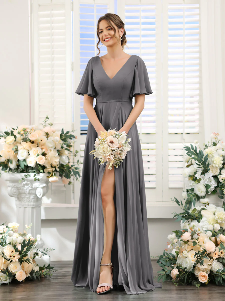 A-Line V-Neck Short Sleeves Split Side Ruffles Chiffon Bridesmaid Dresses - Image 74