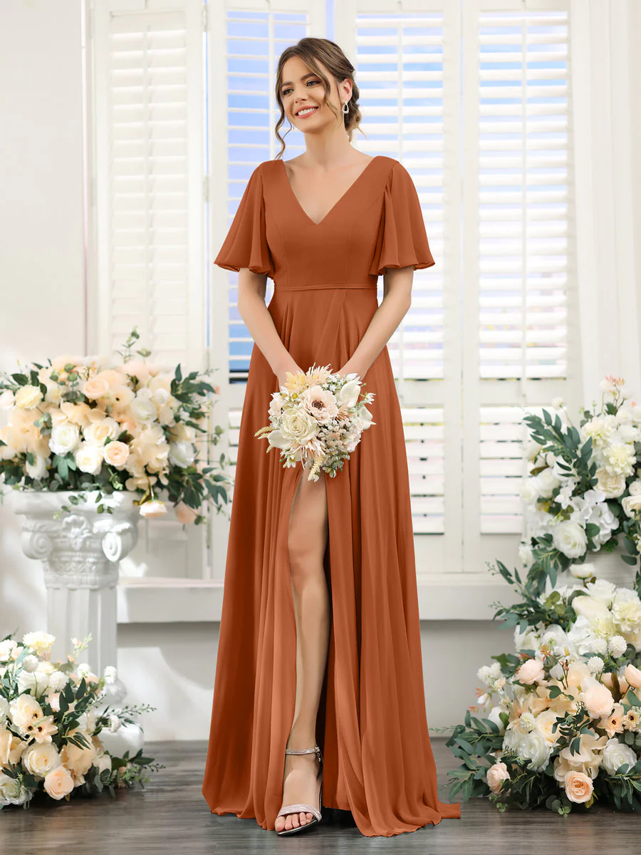 A-Line V-Neck Short Sleeves Split Side Ruffles Chiffon Bridesmaid Dresses - Image 9