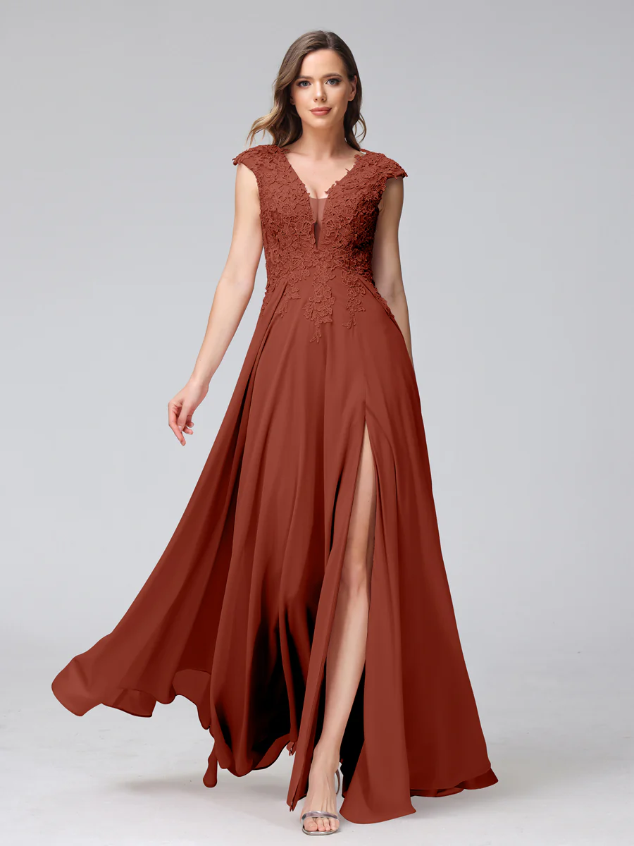 A-Line V-Neck Sleeveless Chiffon Long Bridesmaid Dresses With Applique Split Side - Image 13