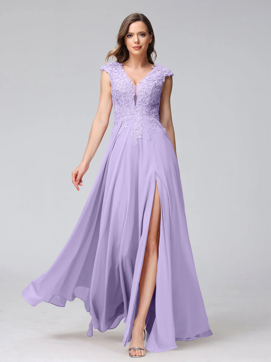 A-Line V-Neck Sleeveless Chiffon Long Bridesmaid Dresses With Applique Split Side - Image 14
