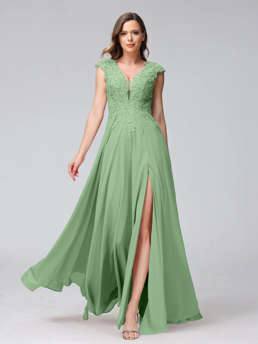 A-Line V-Neck Sleeveless Chiffon Long Bridesmaid Dresses With Applique Split Side - Image 16