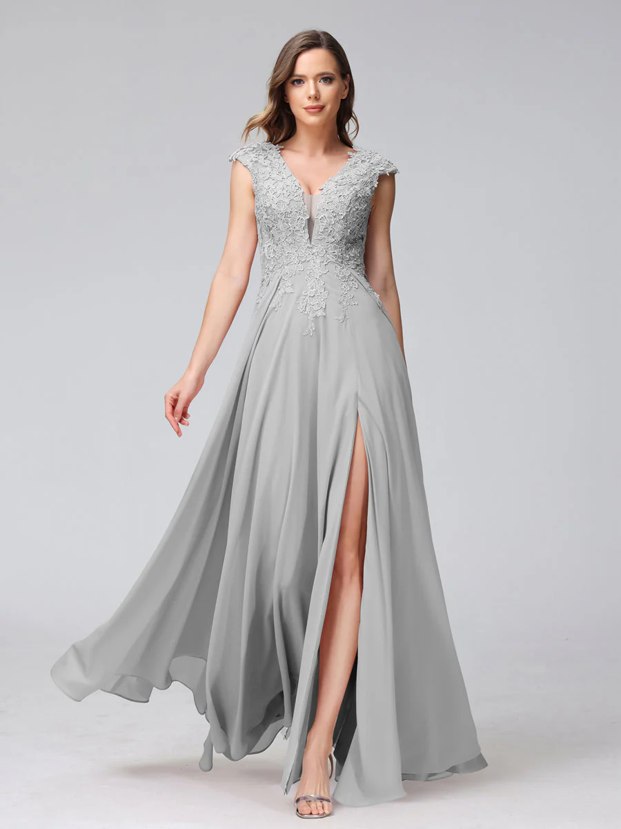 A-Line V-Neck Sleeveless Chiffon Long Bridesmaid Dresses With Applique Split Side - Image 22