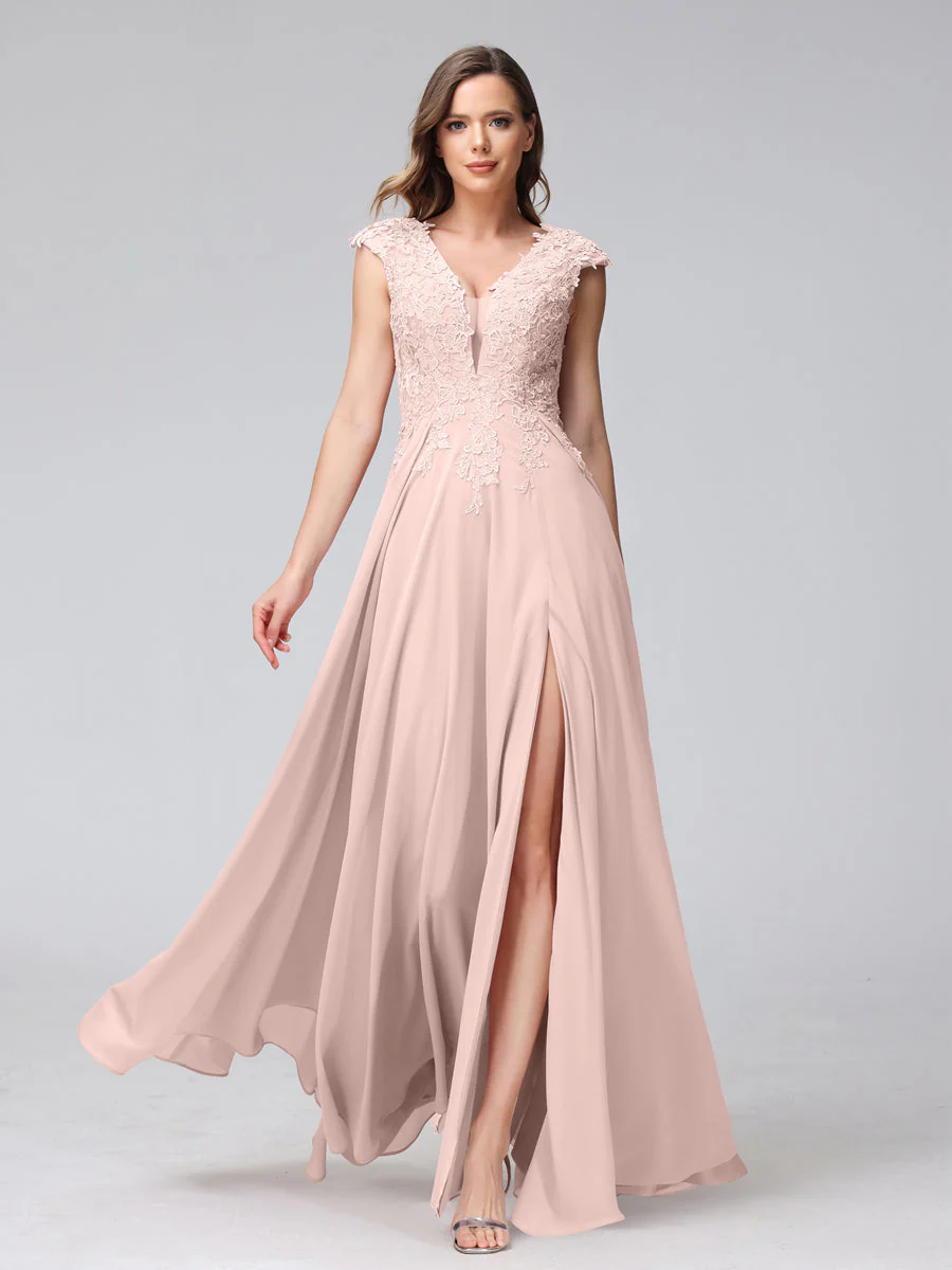 A-Line V-Neck Sleeveless Chiffon Long Bridesmaid Dresses With Applique Split Side - Image 26