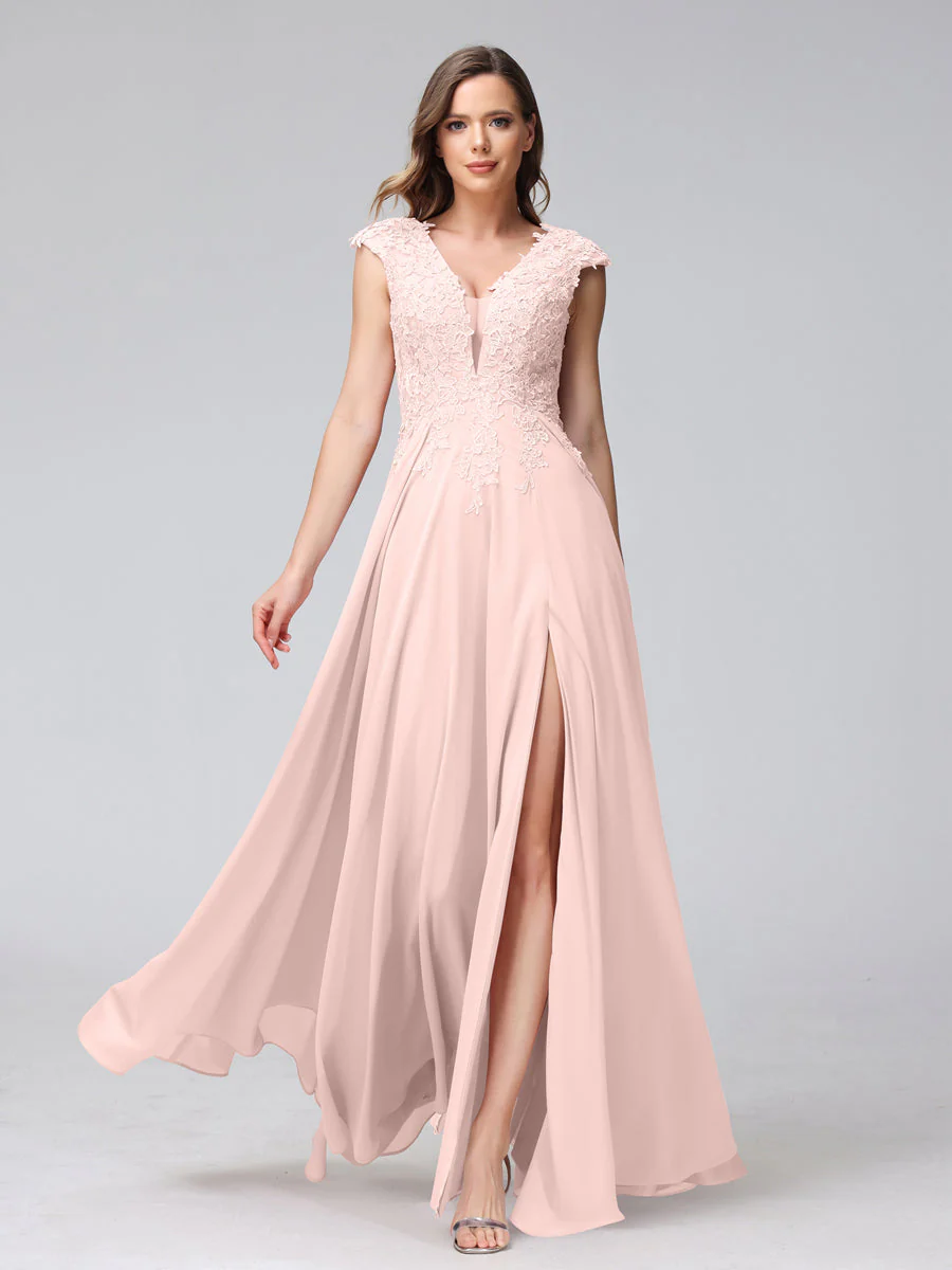 A-Line V-Neck Sleeveless Chiffon Long Bridesmaid Dresses With Applique Split Side - Image 27