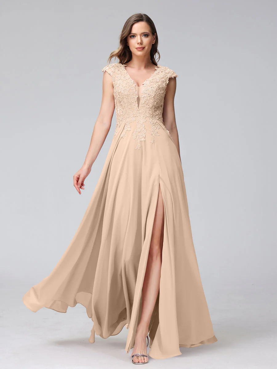 A-Line V-Neck Sleeveless Chiffon Long Bridesmaid Dresses With Applique Split Side - Image 29