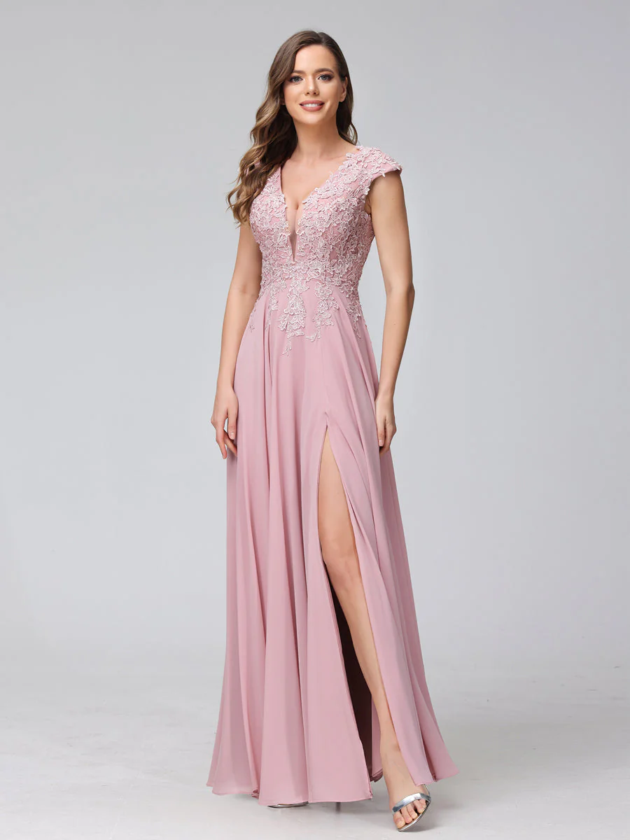 A-Line V-Neck Sleeveless Chiffon Long Bridesmaid Dresses With Applique Split Side - Image 3