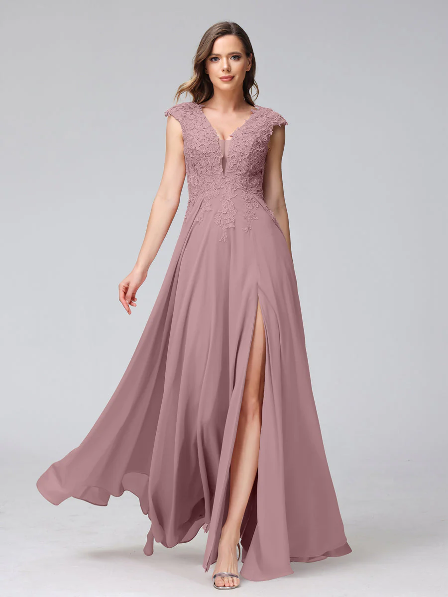 A-Line V-Neck Sleeveless Chiffon Long Bridesmaid Dresses With Applique Split Side - Image 31