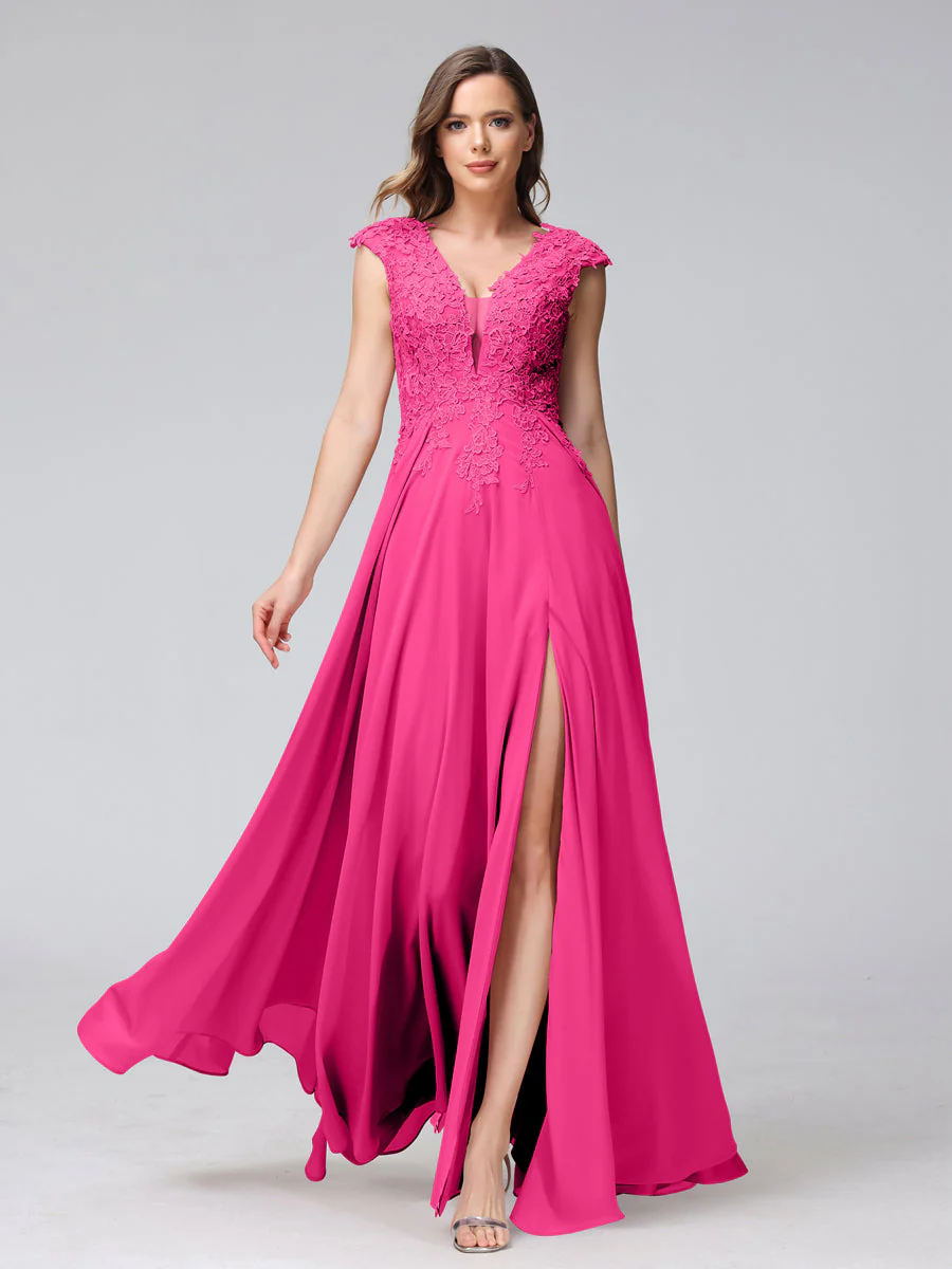 A-Line V-Neck Sleeveless Chiffon Long Bridesmaid Dresses With Applique Split Side - Image 33