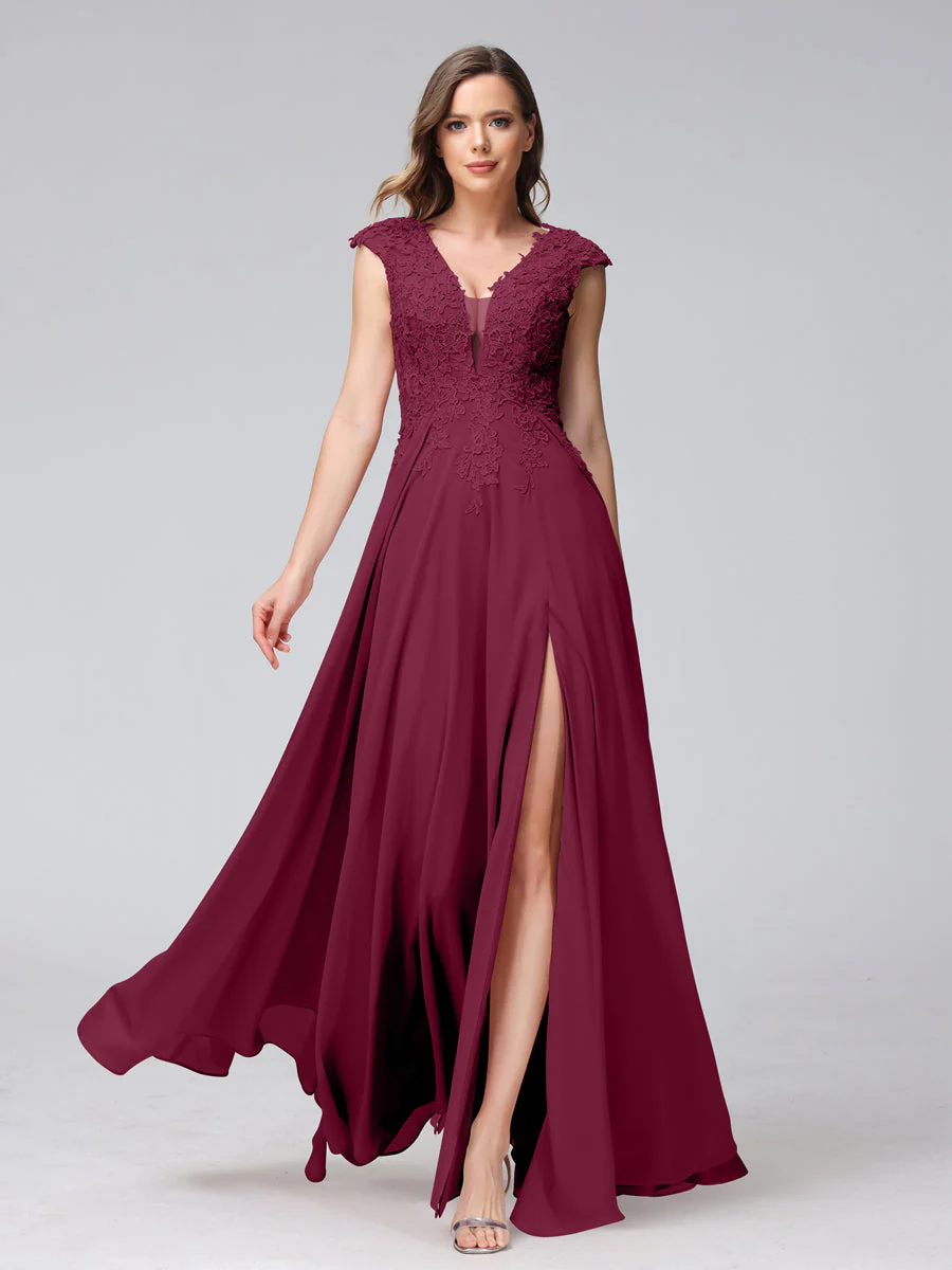 A-Line V-Neck Sleeveless Chiffon Long Bridesmaid Dresses With Applique Split Side - Image 38
