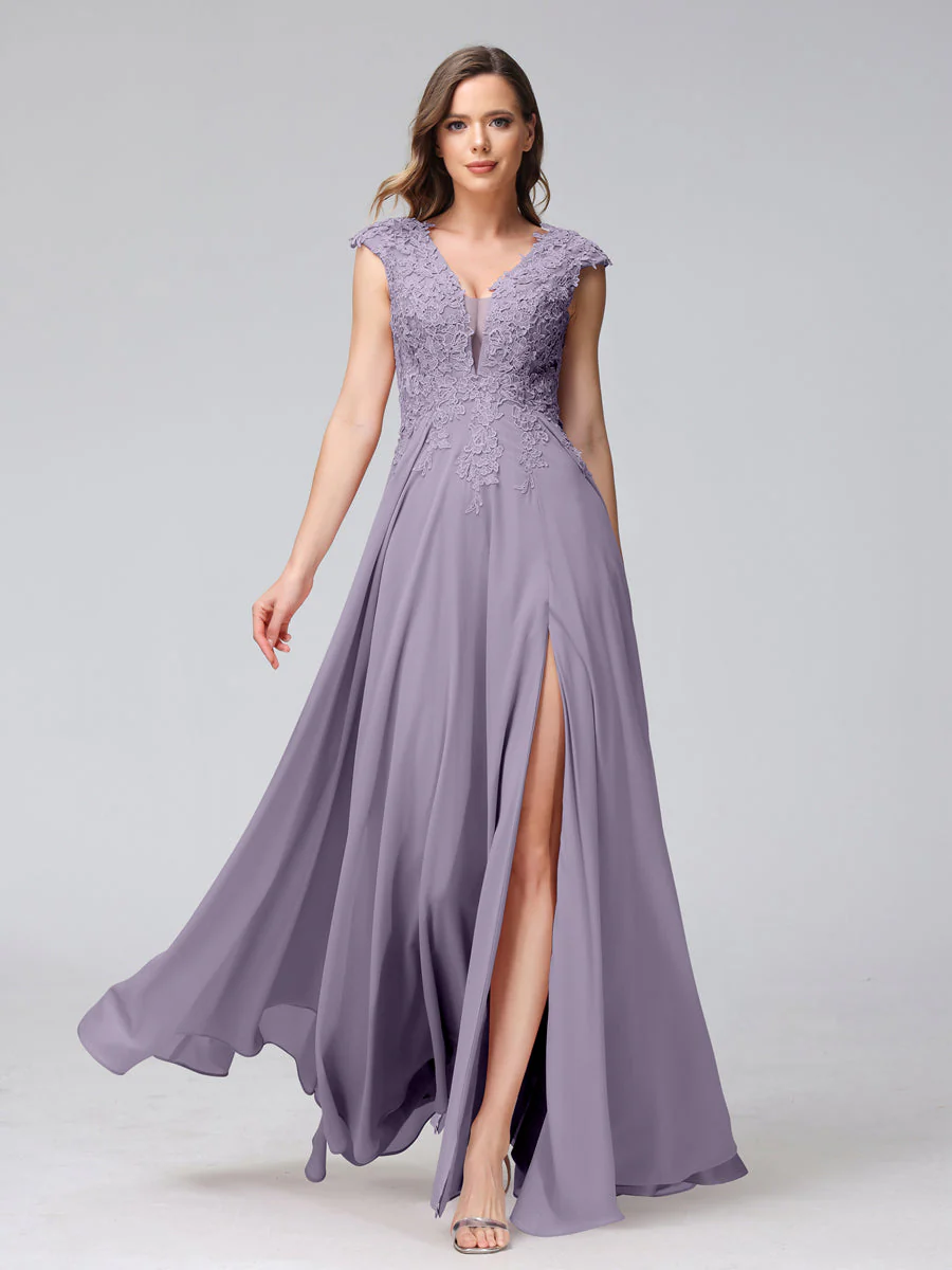 A-Line V-Neck Sleeveless Chiffon Long Bridesmaid Dresses With Applique Split Side - Image 39