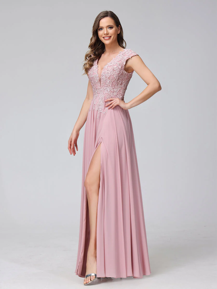 A-Line V-Neck Sleeveless Chiffon Long Bridesmaid Dresses With Applique Split Side - Image 4