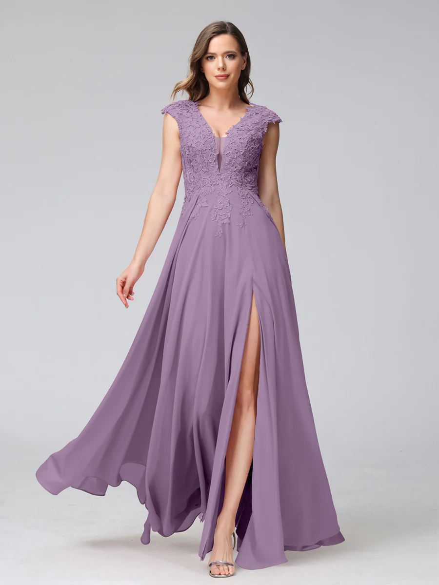 A-Line V-Neck Sleeveless Chiffon Long Bridesmaid Dresses With Applique Split Side - Image 40