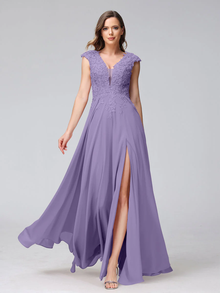 A-Line V-Neck Sleeveless Chiffon Long Bridesmaid Dresses With Applique Split Side - Image 41