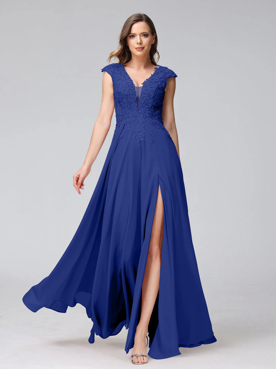 A-Line V-Neck Sleeveless Chiffon Long Bridesmaid Dresses With Applique Split Side - Image 56