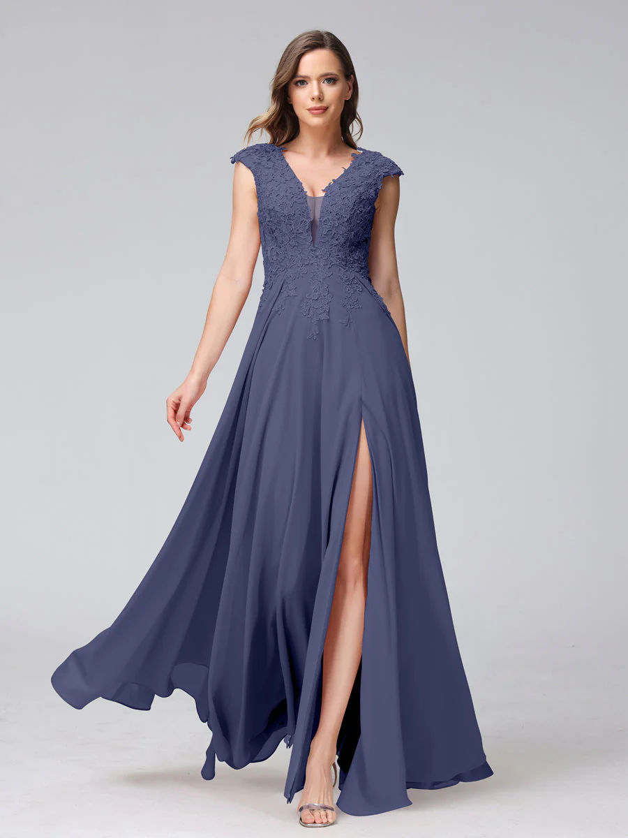 A-Line V-Neck Sleeveless Chiffon Long Bridesmaid Dresses With Applique Split Side - Image 57