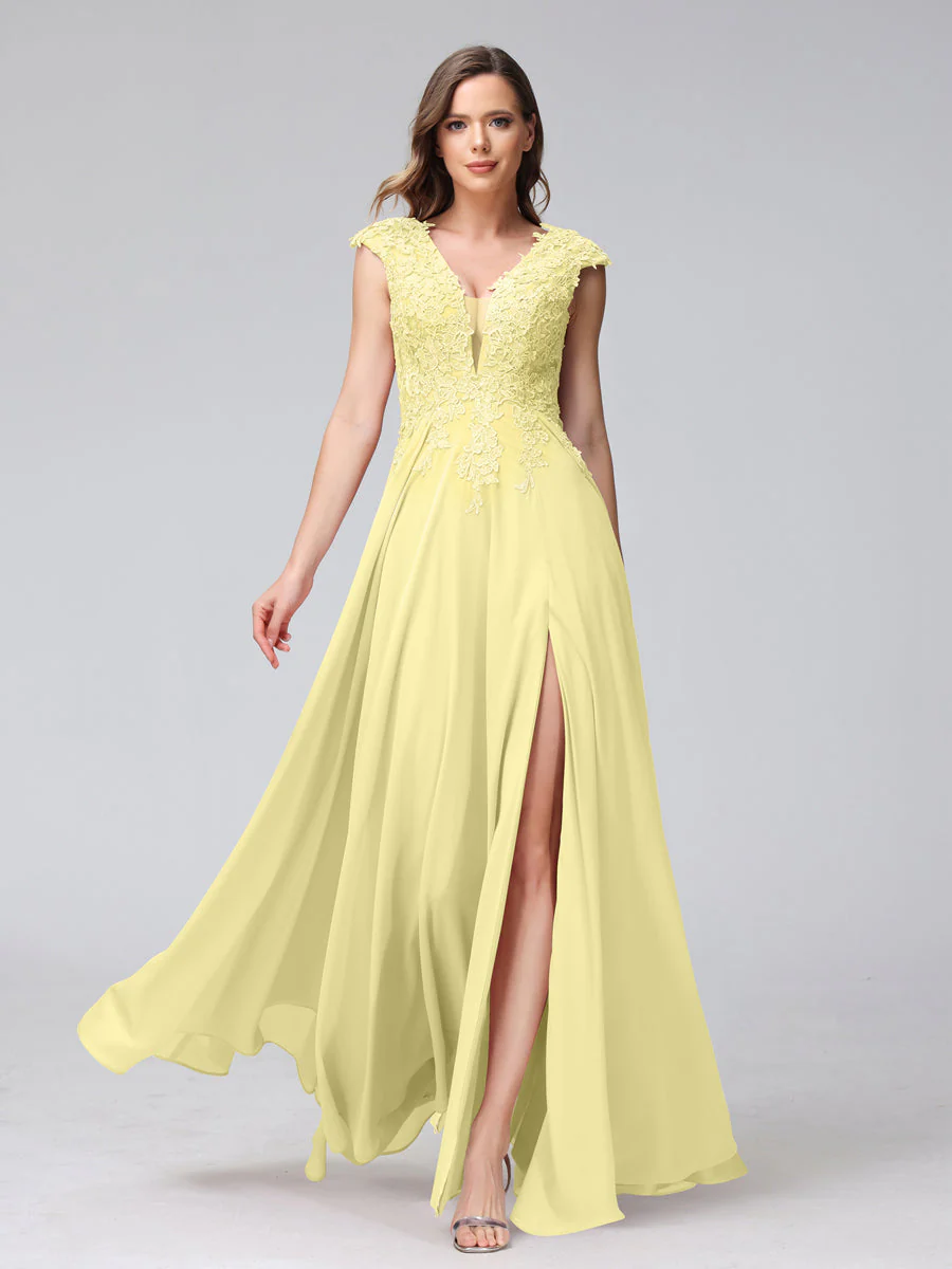 A-Line V-Neck Sleeveless Chiffon Long Bridesmaid Dresses With Applique Split Side - Image 69