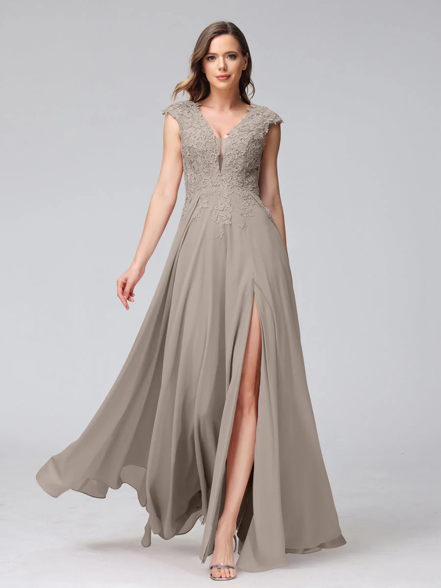 A-Line V-Neck Sleeveless Chiffon Long Bridesmaid Dresses With Applique Split Side - Image 73