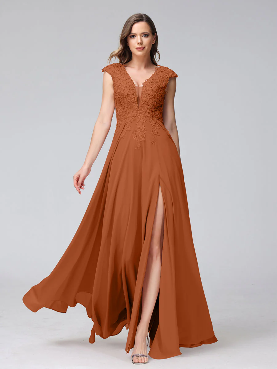 A-Line V-Neck Sleeveless Chiffon Long Bridesmaid Dresses With Applique Split Side - Image 9