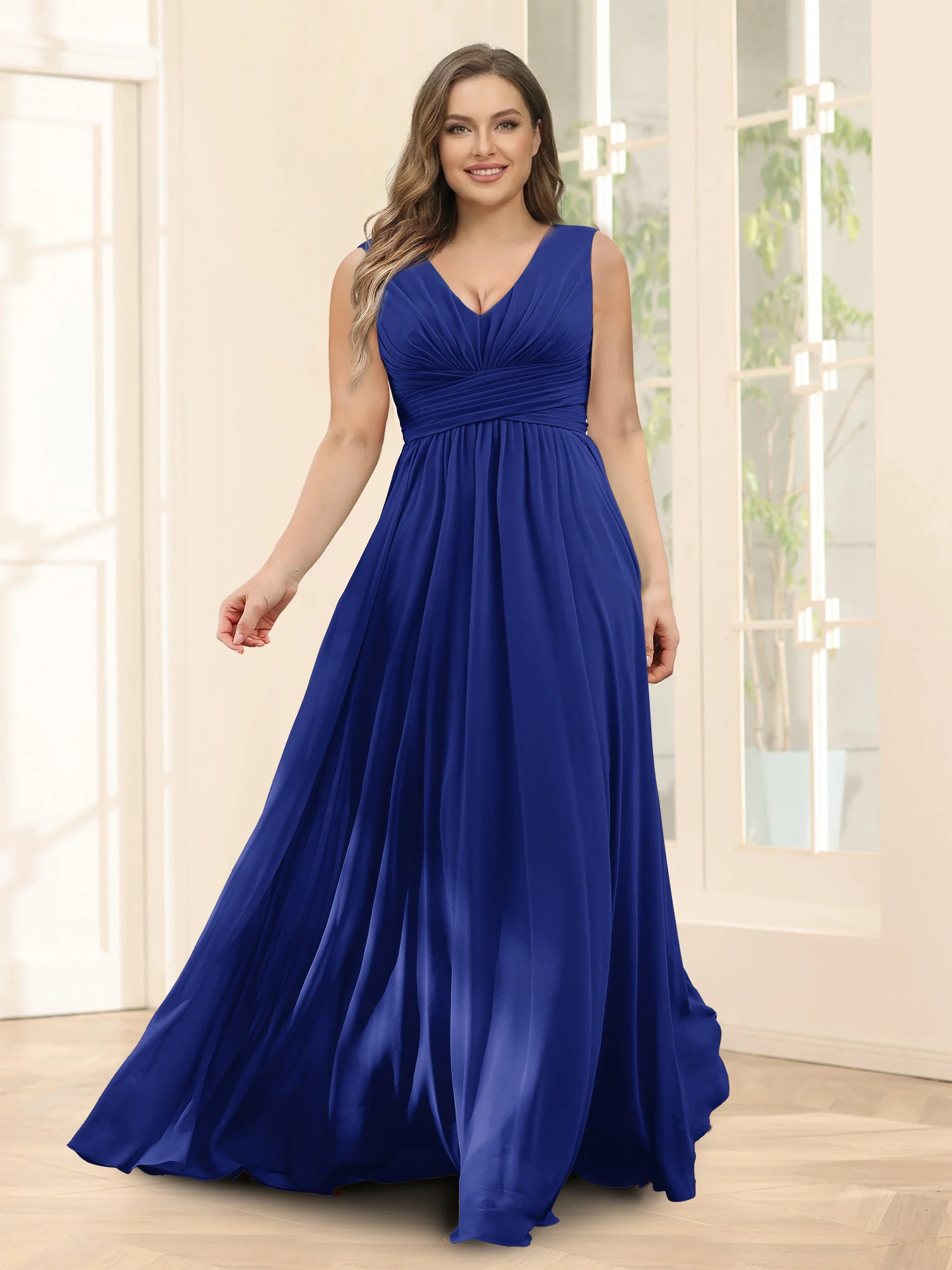 A-Line V-Neck Sleeveless Chiffon Plus Size Bridesmaid Dresses With Pockets - Image 13