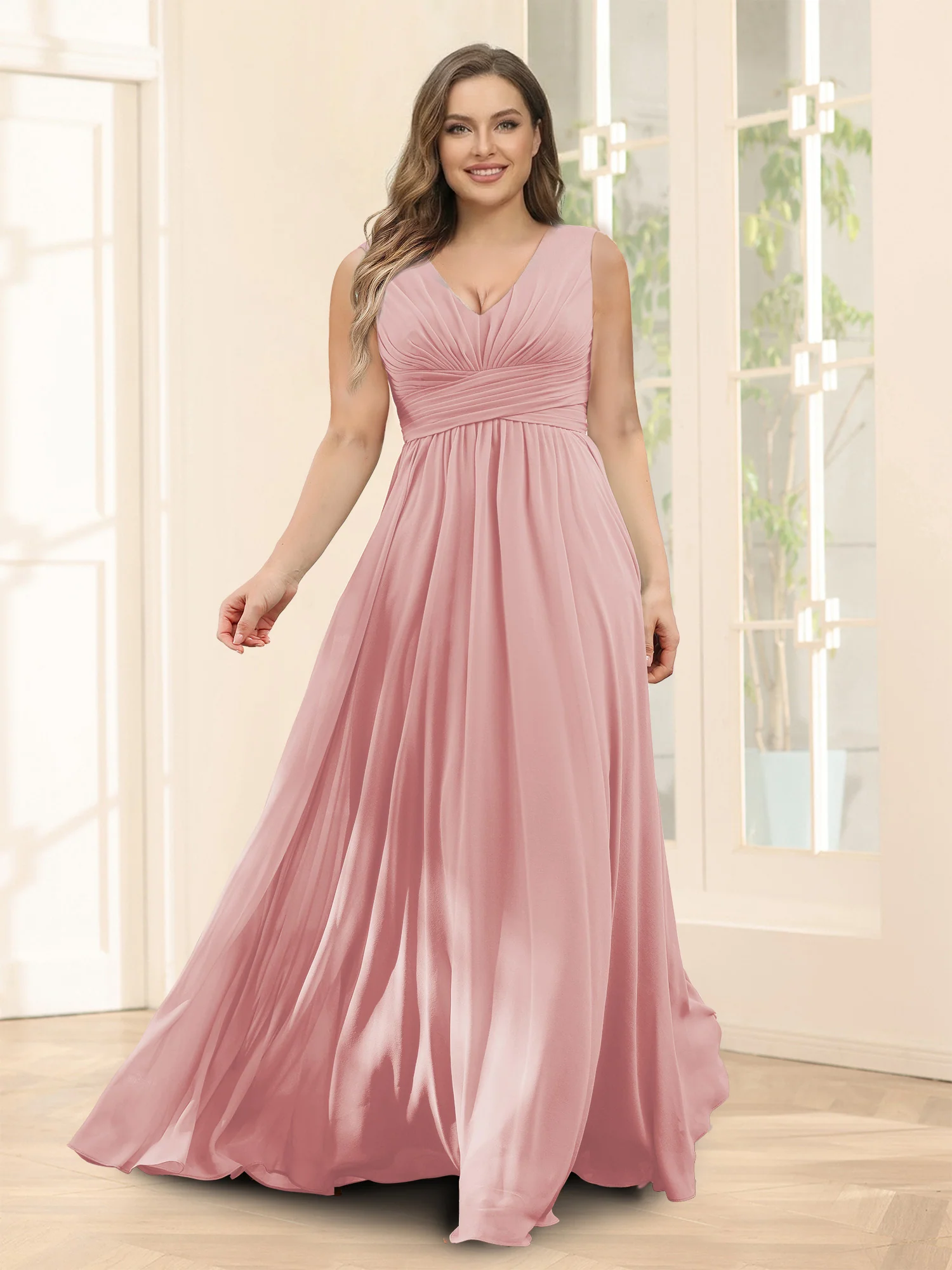 A-Line V-Neck Sleeveless Chiffon Plus Size Bridesmaid Dresses With Pockets - Image 17
