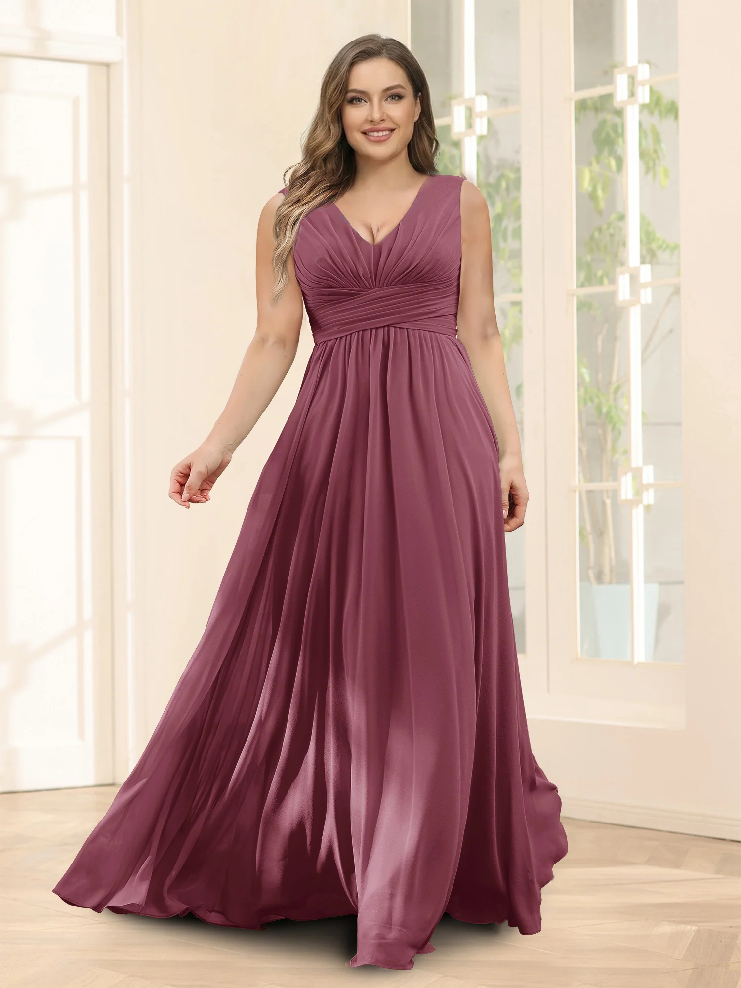 A-Line V-Neck Sleeveless Chiffon Plus Size Bridesmaid Dresses With Pockets - Image 41