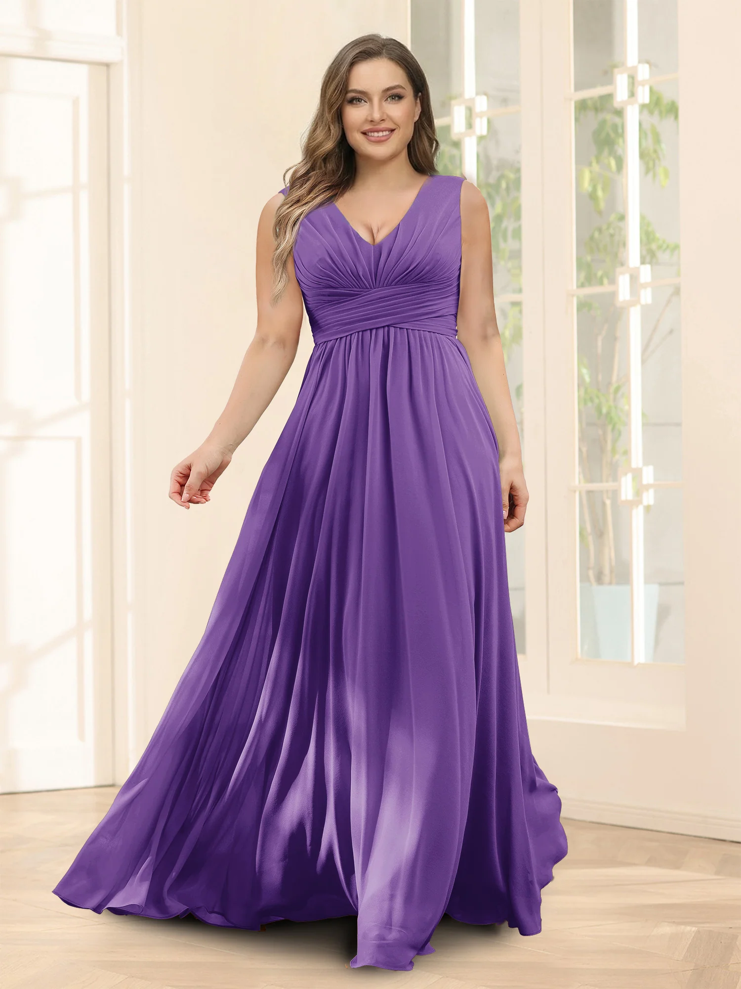 A-Line V-Neck Sleeveless Chiffon Plus Size Bridesmaid Dresses With Pockets - Image 54