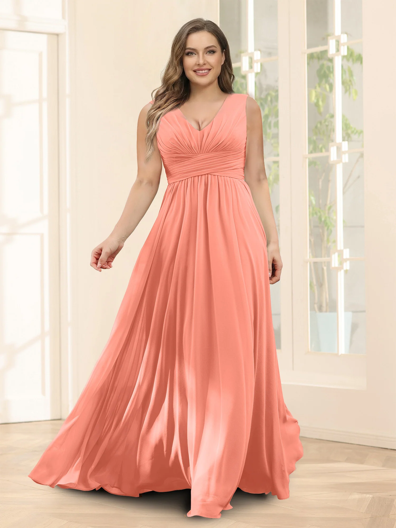 A-Line V-Neck Sleeveless Chiffon Plus Size Bridesmaid Dresses With Pockets - Image 59