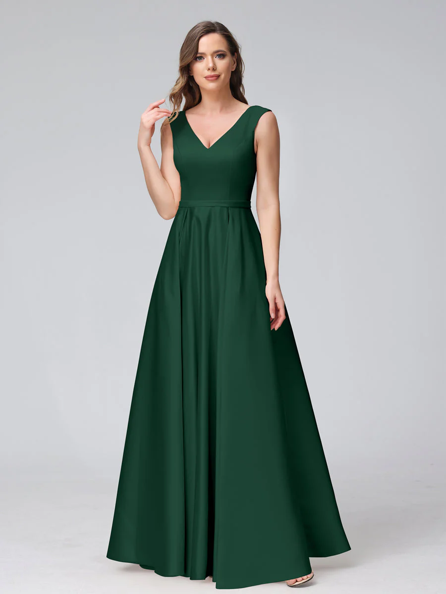 A-Line V-Neck Sleeveless Floor-Length Satin Bridesmaid Dresses With Pockets - Image 11
