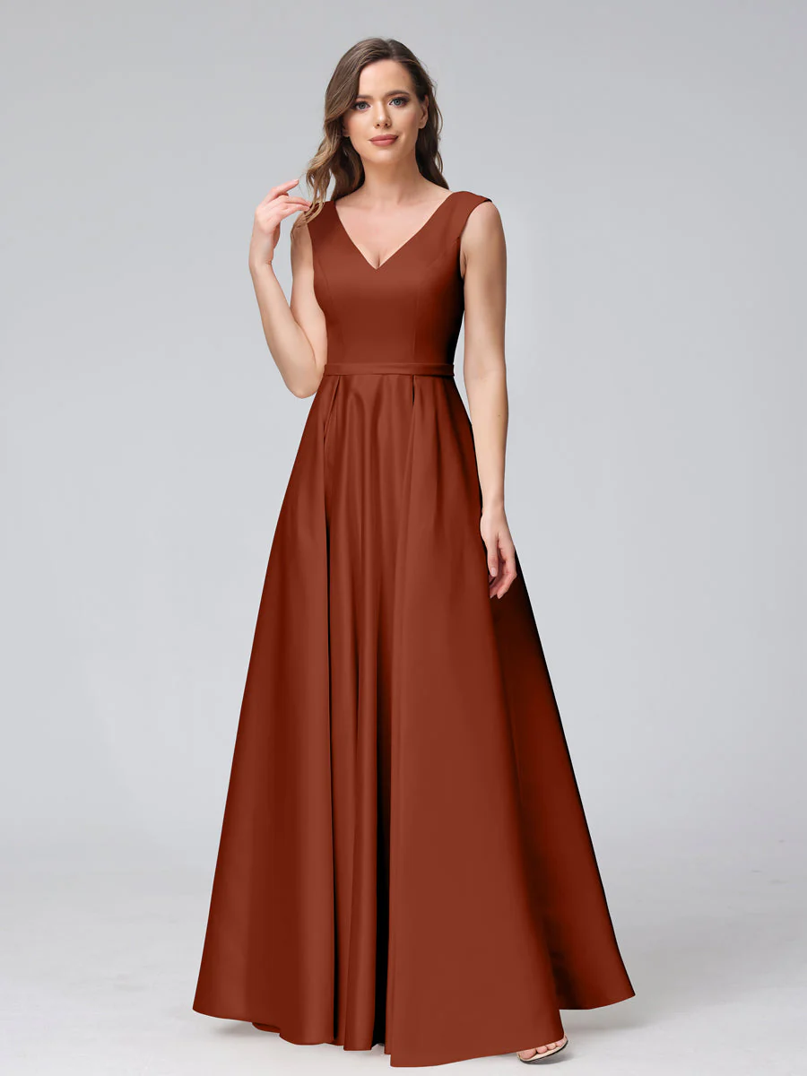 A-Line V-Neck Sleeveless Floor-Length Satin Bridesmaid Dresses With Pockets - Image 13