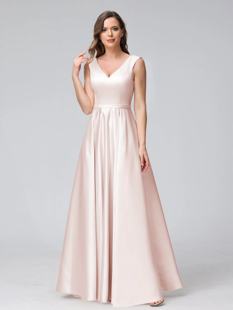 A-Line V-Neck Sleeveless Floor-Length Satin Bridesmaid Dresses With Pockets - Image 24