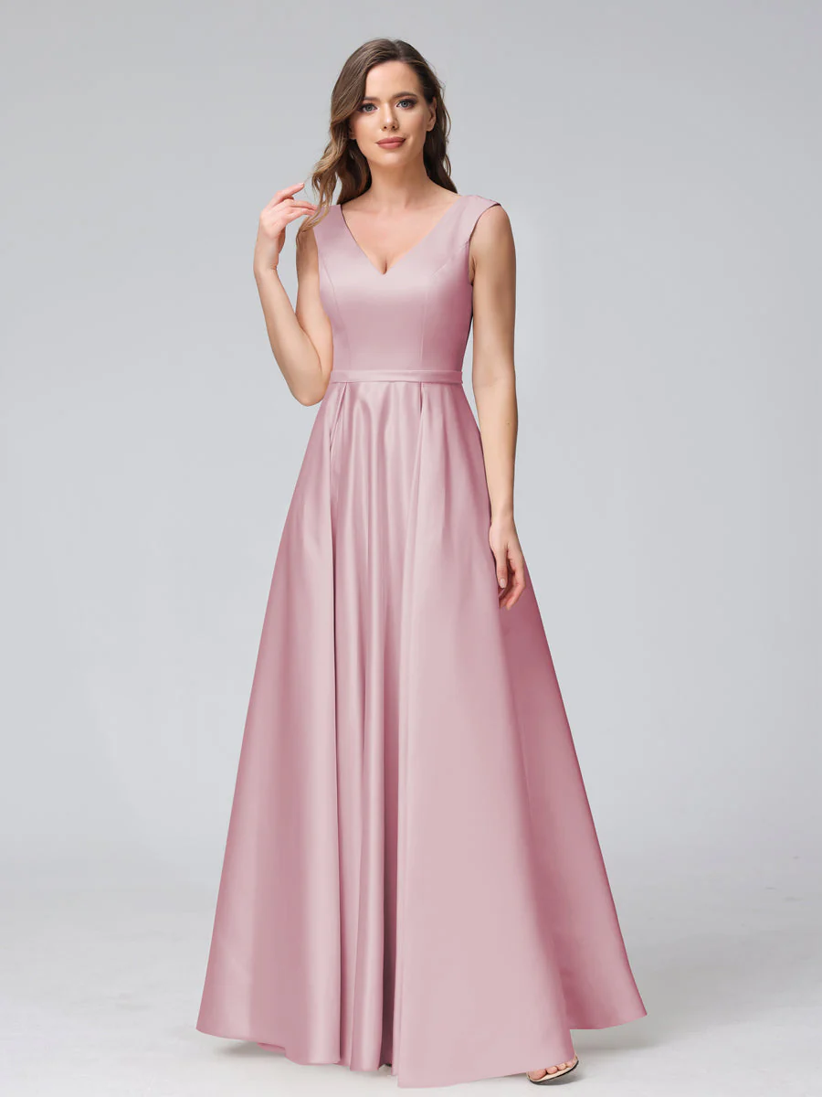 A-Line V-Neck Sleeveless Floor-Length Satin Bridesmaid Dresses With Pockets - Image 28