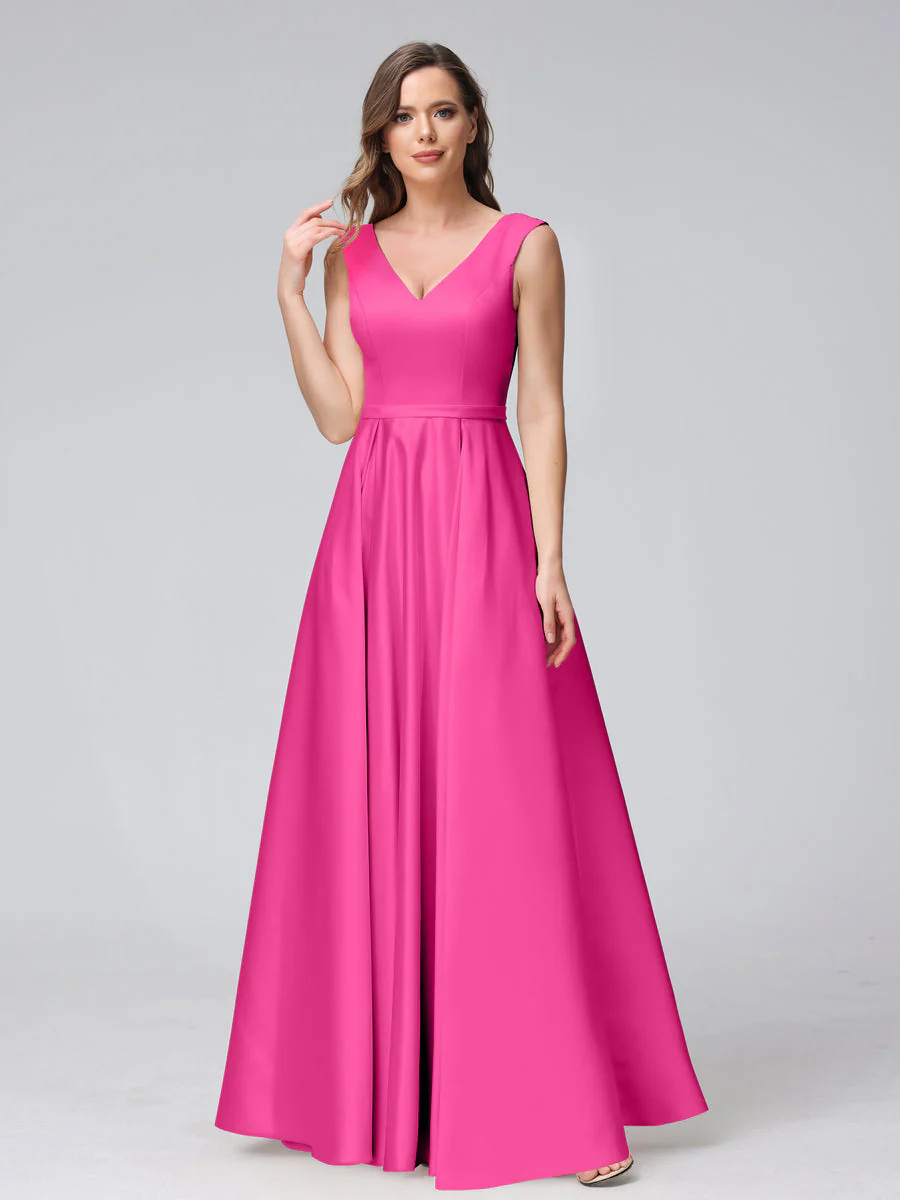 A-Line V-Neck Sleeveless Floor-Length Satin Bridesmaid Dresses With Pockets - Image 31