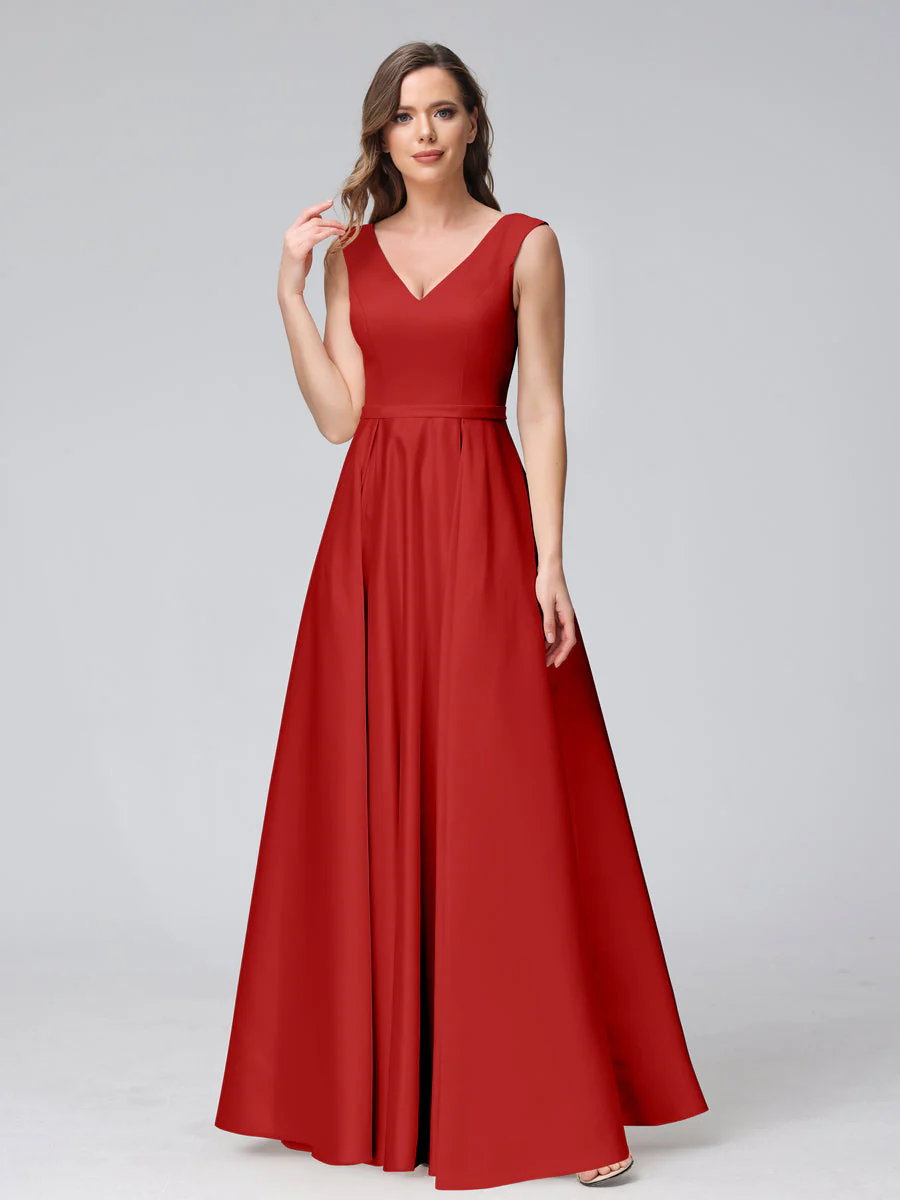 A-Line V-Neck Sleeveless Floor-Length Satin Bridesmaid Dresses With Pockets - Image 33