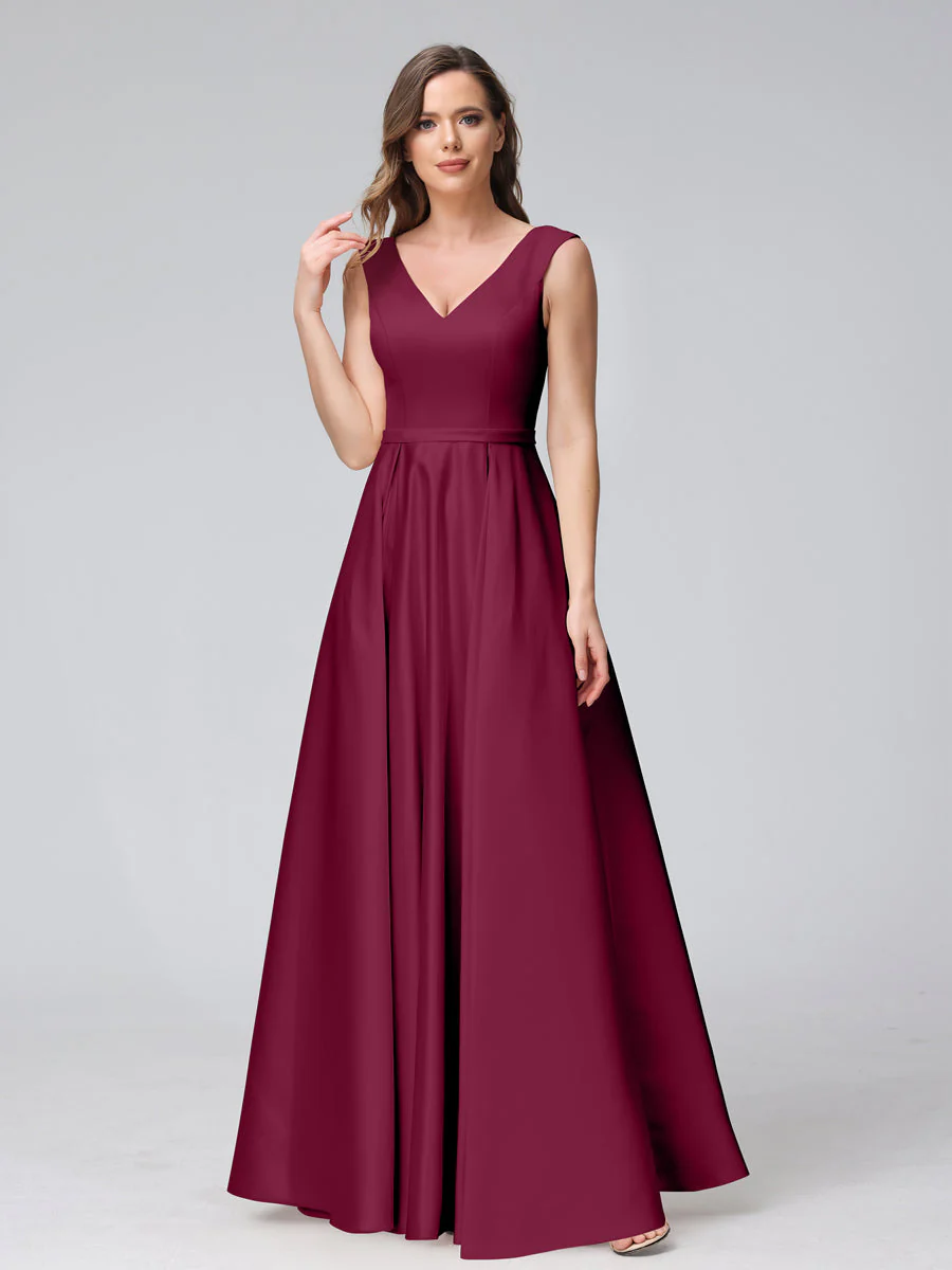 A-Line V-Neck Sleeveless Floor-Length Satin Bridesmaid Dresses With Pockets - Image 35