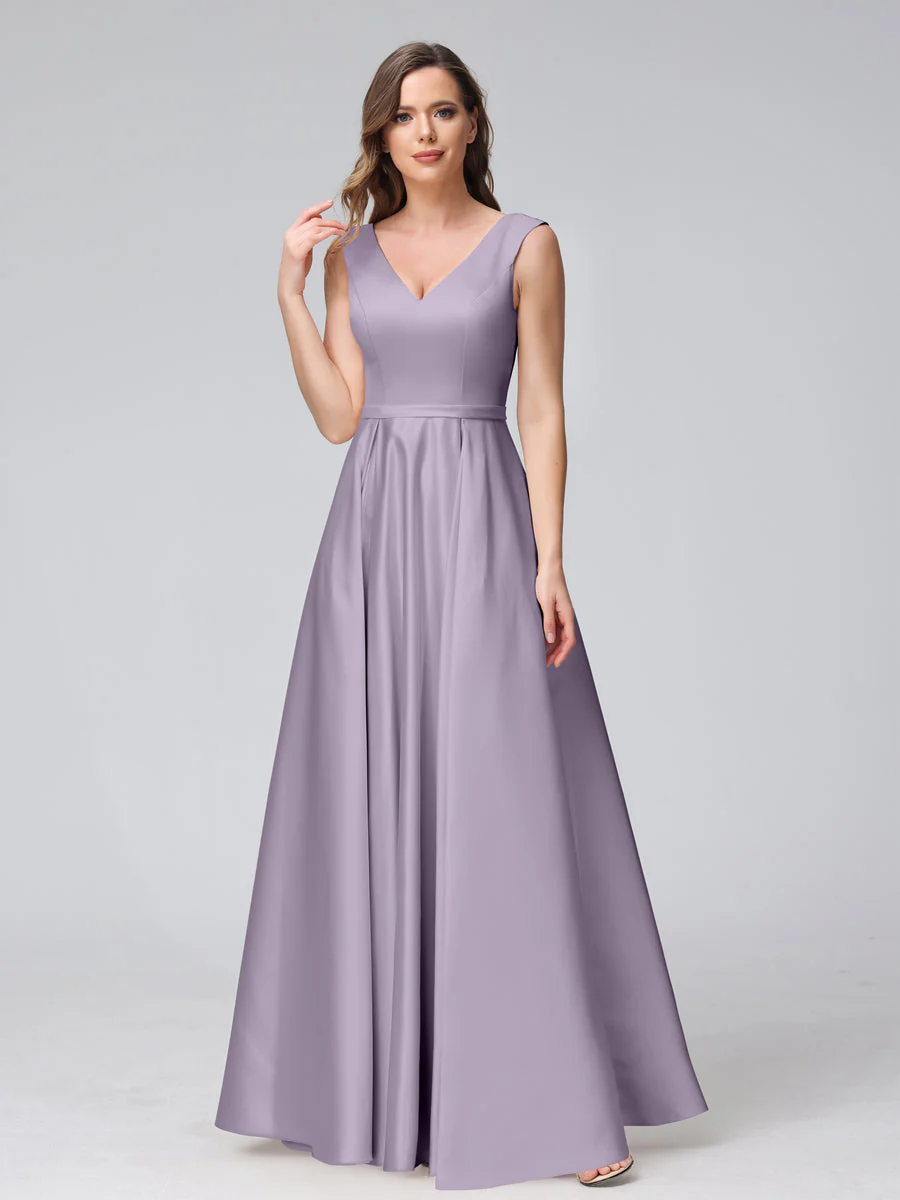 A-Line V-Neck Sleeveless Floor-Length Satin Bridesmaid Dresses With Pockets - Image 36