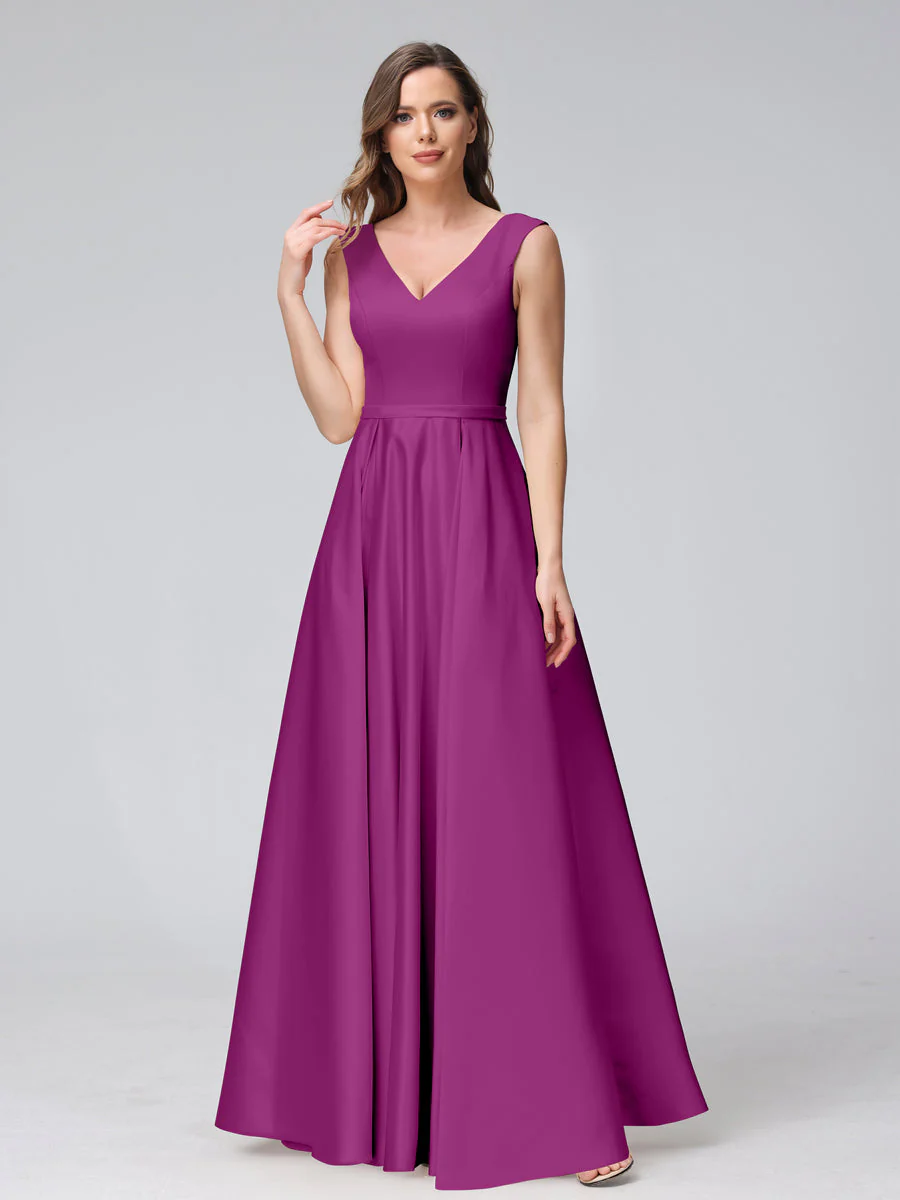 A-Line V-Neck Sleeveless Floor-Length Satin Bridesmaid Dresses With Pockets - Image 40