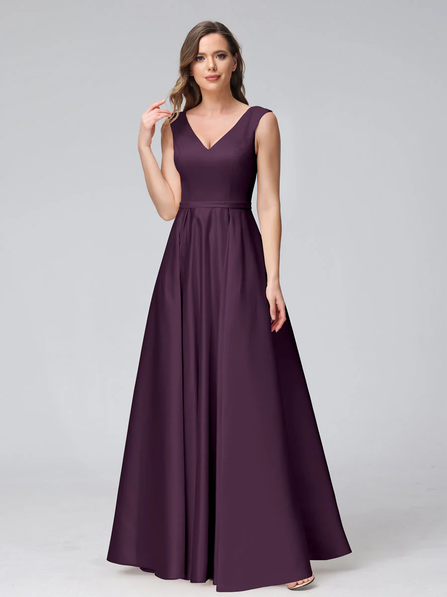 A-Line V-Neck Sleeveless Floor-Length Satin Bridesmaid Dresses With Pockets - Image 43