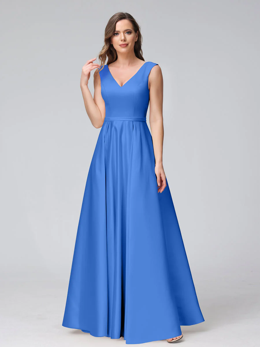 A-Line V-Neck Sleeveless Floor-Length Satin Bridesmaid Dresses With Pockets - Image 51