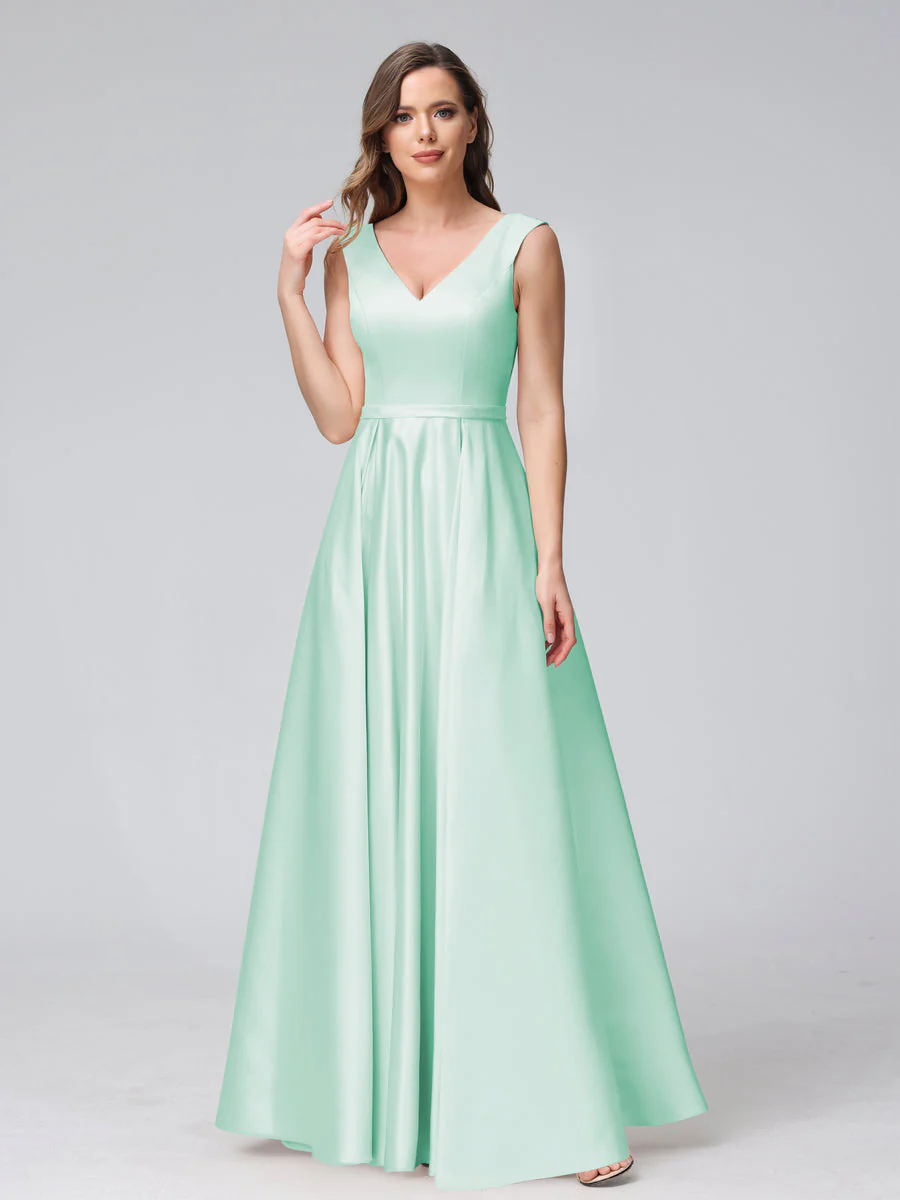 A-Line V-Neck Sleeveless Floor-Length Satin Bridesmaid Dresses With Pockets - Image 57