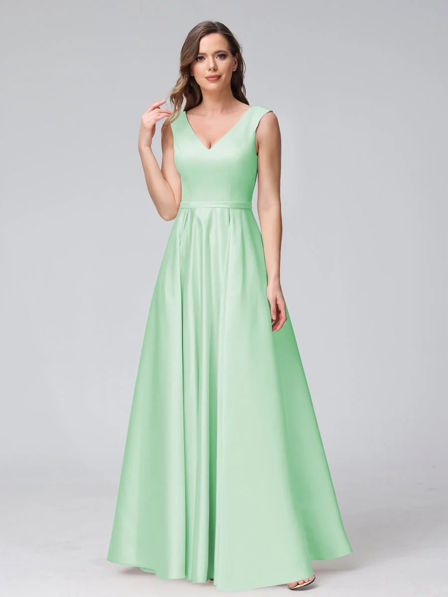 A-Line V-Neck Sleeveless Floor-Length Satin Bridesmaid Dresses With Pockets - Image 58
