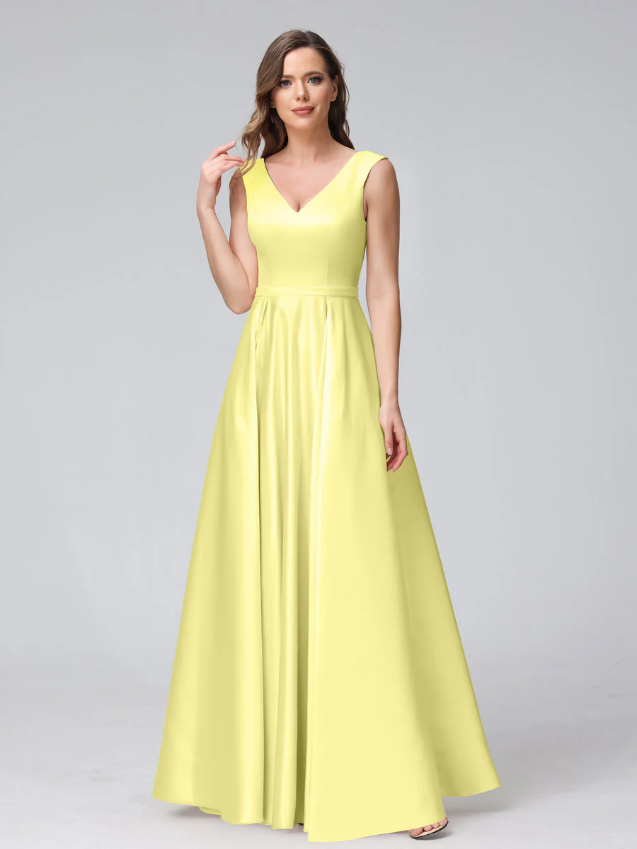 A-Line V-Neck Sleeveless Floor-Length Satin Bridesmaid Dresses With Pockets - Image 66