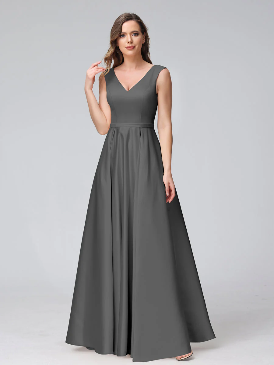 A-Line V-Neck Sleeveless Floor-Length Satin Bridesmaid Dresses With Pockets - Image 72